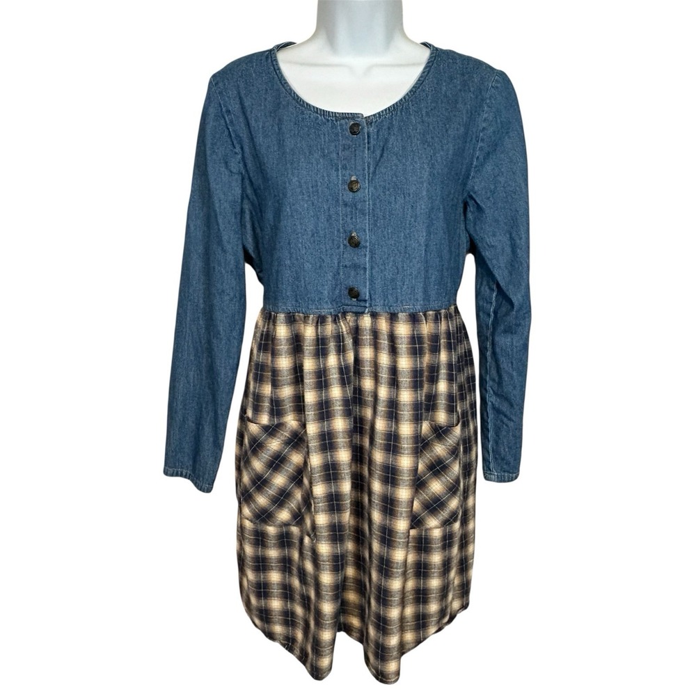 90s Womens Babydoll‎ Dress Blue Denim Jean Plaid Cotton Grunge Indie 11/12 M